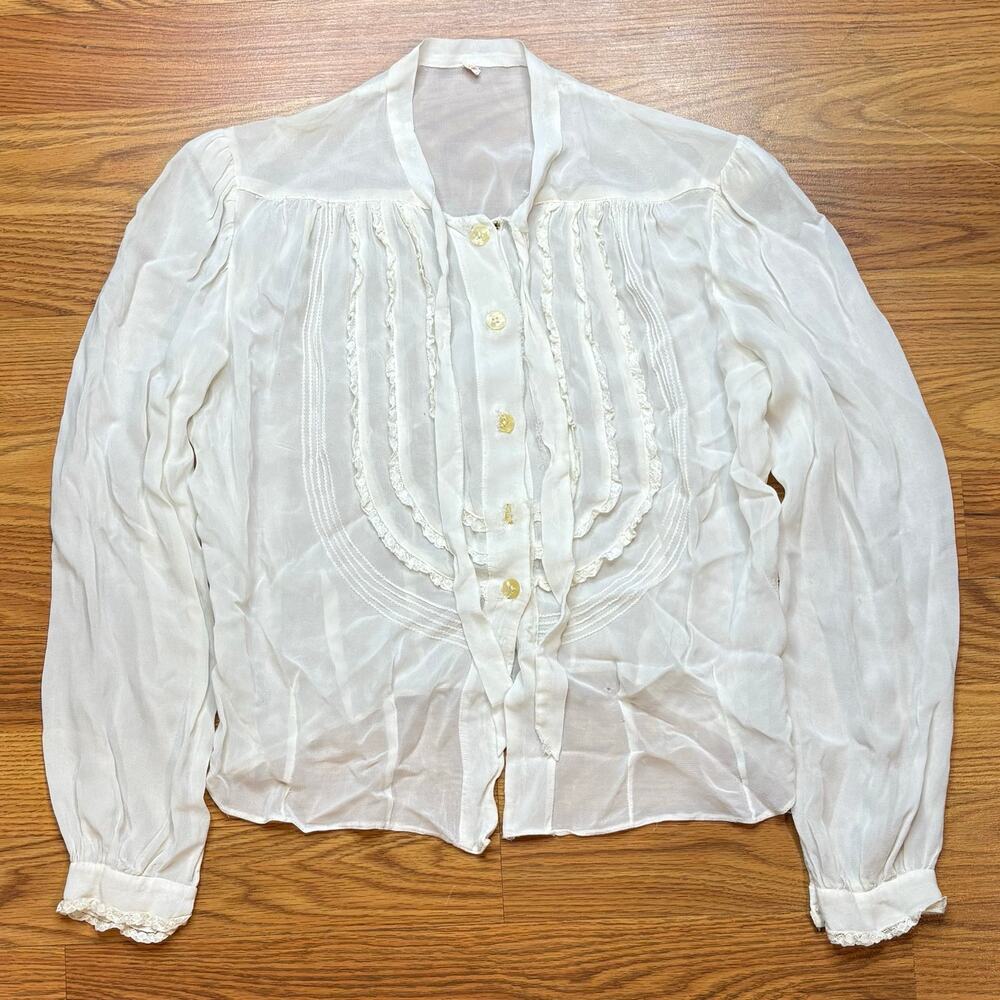 Antique Edwardian Ivory Sheer Pintuck Lace Blouse Victorian Size XS S Handmade